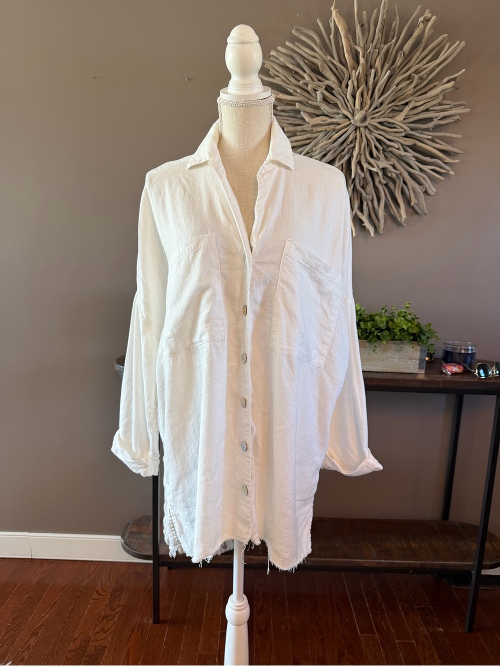 Show Me Your MUMU button down white oversized raw hem top